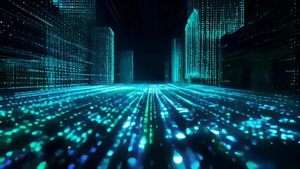 Abstract video background of a vibrant neon digital data cityscape filled with luminous  and structures.
