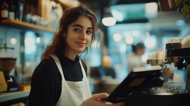 Smiling young barista with a digital tablet at the modern coffee shop counter