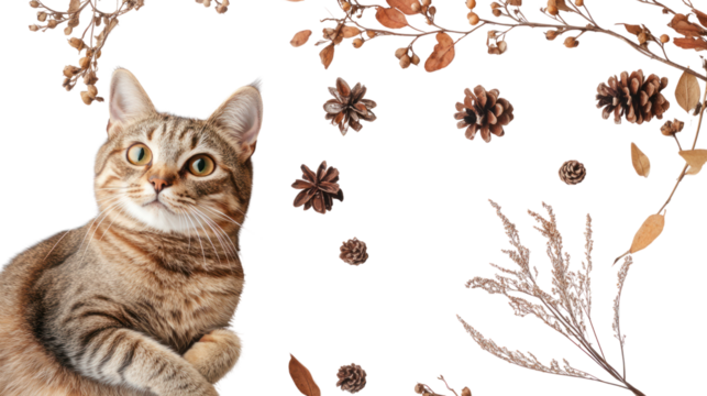 Curious Cat Among Autumn Branches: A tabby cat with curious eyes sits among a frame of autumnal branches and pine cones, creating a warm and cozy feel.  