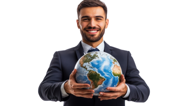 Global Visionary: Portrait of a smiling businessman in a suit, confidently holding a globe, symbolizing international business, sustainability, and global responsibility.  