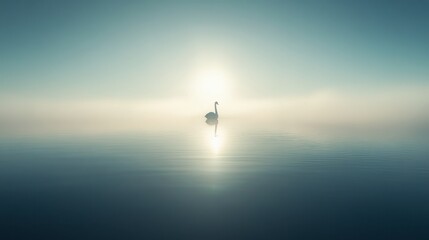 Fototapeta premium Serene Swan Silhouette in Misty Sunrise Over Still Water