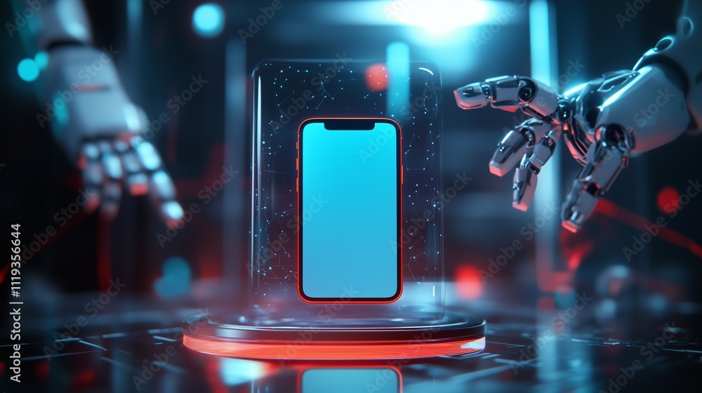 Poster futuristic robot reaching for smartphone in a high-tech environment with glowing elements and digita