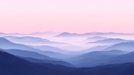 Serene misty hills at sunrise, with layers of mountains in the distance