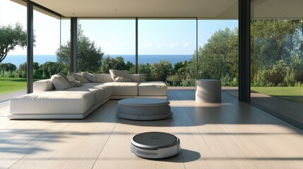Fototapeta premium Modern Living Room with Robotic Vacuum and Scenic Ocean View