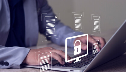 Documents confidentiality,cyber security protection concept. Protecting herself from cyber attacks....