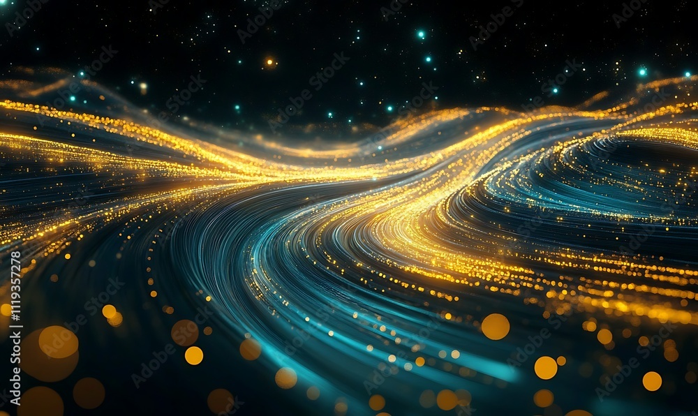 Poster flowing waves and sparkling lights on black background. abstract background with blue and golden flo