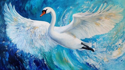 Fototapeta premium Elegant White Swan Spreading Wings Over Turquoise Water Surface