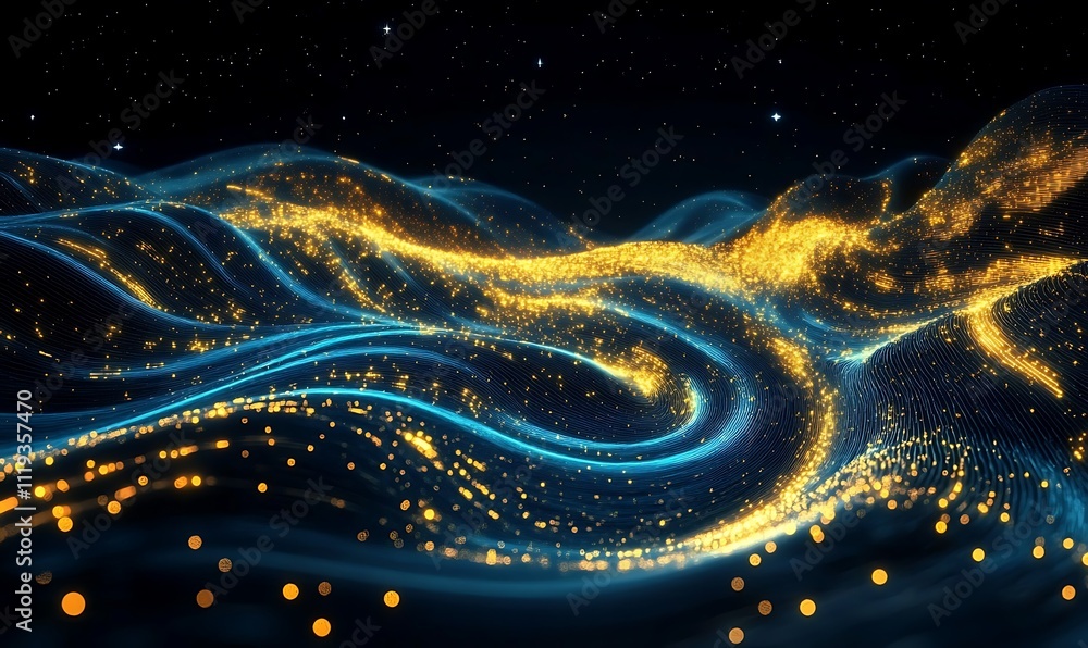 Poster flowing waves and sparkling lights on black background. abstract background with blue and golden flo