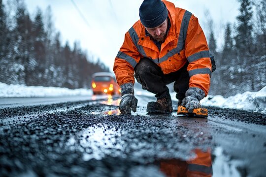 Road foreman inspects the road in order to determine the need for repair work