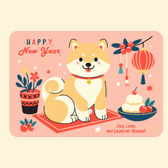 Vector Illustration of Shiba Inu Dog with Pastel New Year Decorations - Perfect for Cards and Festive Designs