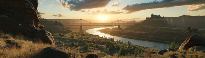 Fototapeta premium Scenic view of a river and bridge at sunset, highlighting natural beauty and tranquility.