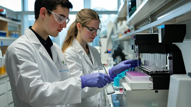Team of researchers conducting groundbreaking genetic engineering work, using automated lab equipment and 3D visualizations of DNA structures