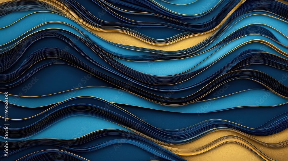 Poster abstract waves in shades of blue and gold, creating a dynamic and fluid texture that evokes a sense 