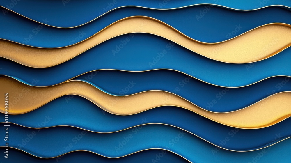Poster a vibrant abstract design featuring undulating waves in blue and gold tones, creating a visually dyn