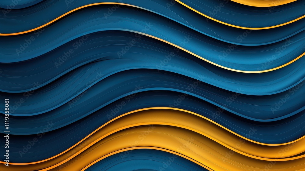 Poster a vibrant abstract design featuring flowing waves in blue and gold tones, creating a dynamic and vis