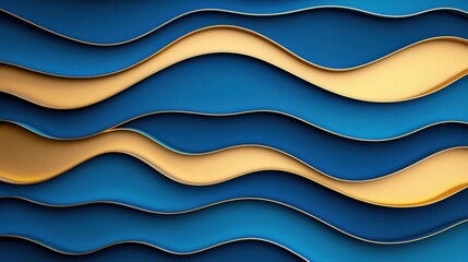 A vibrant abstract design featuring undulating waves in blue and gold tones, creating a visually dynamic texture.