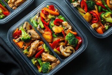 A minimalistic delivery concept with airtight containers filled with colorful stir-fried vegetables and lean proteins, presented in a sleek, eco-friendly packaging.
