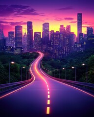 Fototapeta premium Scenic City Skyline at Dusk with Winding Road Under Vibrant Sky