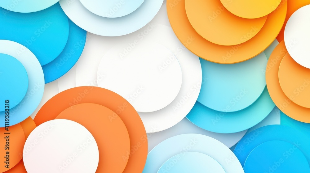 Poster a vibrant composition of layered circular shapes in blue, white, and orange, creating a dynamic and 