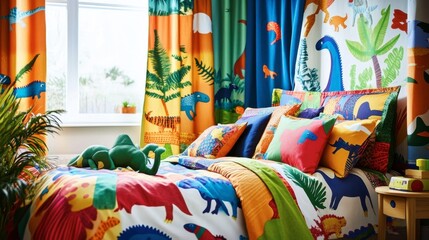 Colorful Dinosaur Themed Bedroom with Curtains and Bedspread Design