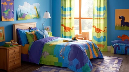 Bright Dinosaur-Themed Children's Bedroom with Colorful Decor