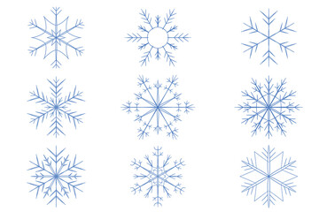 Fototapeta premium Set of snowflakes on white background. Snowflake thin line icons for winter design. Frozen silhouettes of crystal snowflakes. Christmas New Year design elements.
