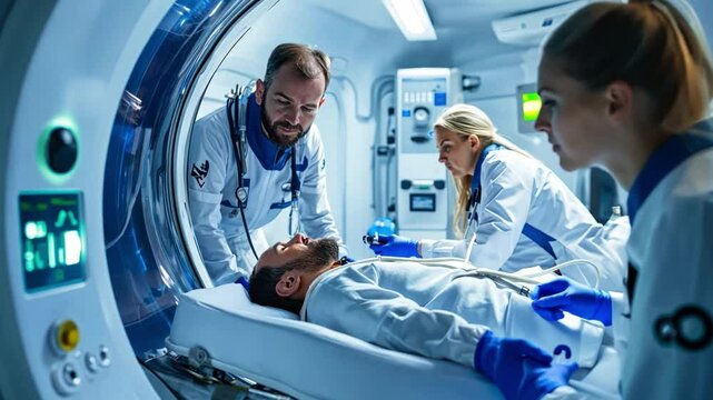 Hyperbaric EMT team working in a high-tech medical chamber, providing emergency care for patients suffering from decompression sickness