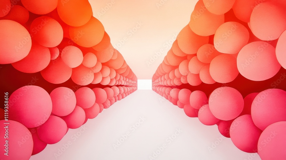 Poster dynamic red-hued sphere corridor abstract art gallery visual composition modern setting perspective