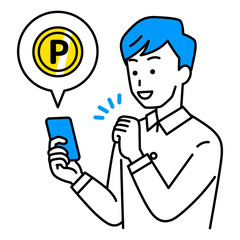 スマートフォンでポイ活をするカジュアルな男性