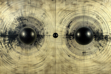 Abstract composition with black spheres and concentric circular patterns.