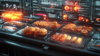 Futuristic Fast Food Display with Digital Interface and Glowing Lights