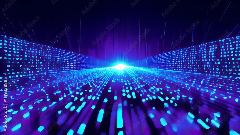Poster futuristic digital tunnel background with glowing data streams and neon effects. 4k seamless loop an