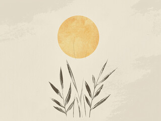 Minimalist botanical illustration with leaves and a yellow sun.