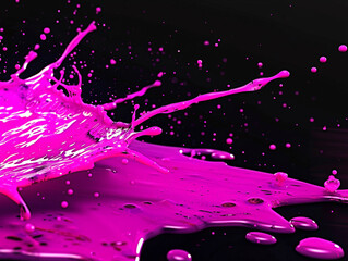 Neon pink splashes against a stark black background, the vibrant color popping vividly, creating an...