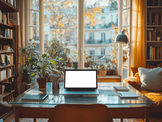 A clean and minimalist workspace with a sleek white desk, a slim laptop, and a single potted plant.