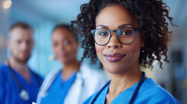 Confident woman healthcare professionals in scrubs collaborating in a modern medical facility