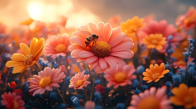 A bee is hovering over a field of flowers, including pink and orange daisies
