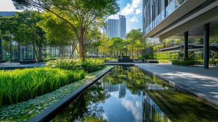 Naklejka premium Modern Building's Tranquil Oasis: A Serene Reflection Pond Amidst Lush Greenery