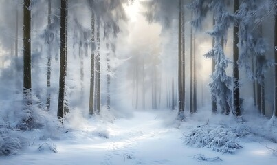 Naklejka premium winter wonderland serene snowcovered forest landscape with frosted trees and misty atmosphere nature photography, Generative Ai