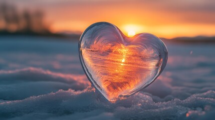 Fototapeta premium A stunning heart-shaped ice sculpture glimmers in the snow, reflecting the warm hues of a breathtaking sunset