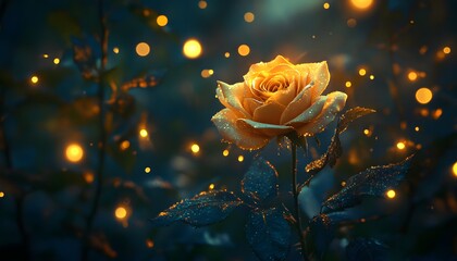 Obraz premium A stunning orange rose illuminated by a magical glow, surrounded by soft bokeh in a serene garden setting. Perfect for capturing the essence of beauty, nature, and tranquility.