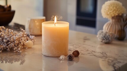 A luxury candle burning on a marble countertop, its flame flickering slightly, surrounded by delicate decorative items, capturing the essence of relaxation
