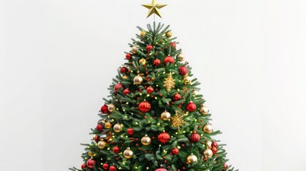 A lush green Christmas tree fully decorated with red and gold ornaments