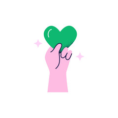 Heart sign in the human hand. Kindness, charity, and volunteering work concept. Vector flat illustration isolated on a white background.