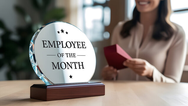 Employee of the Month award with woman holding gift in background
