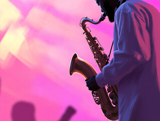 close up of saxophonist playing passionately at vibrant jazz festival, surrounded by colorful...