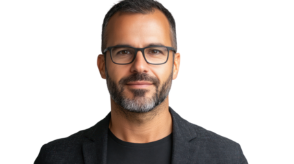 Confident Man Portrait:  A headshot of a man with stubble, wearing glasses and a blazer, conveying confidence and professionalism.