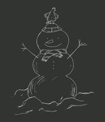 Line drawing of a snowman in a hat and scarf, with a chicken on his head. Design of cards for Christmas and New Year