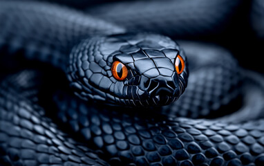 A black snake with red eyes is shown in a close up. The snake is curled up and he is resting