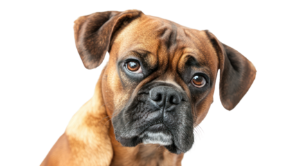The Boxer's Gaze: A close-up portrait of a Boxer dog, capturing its intelligent and expressive eyes. The dog's soulful expression is both captivating and heartwarming. 